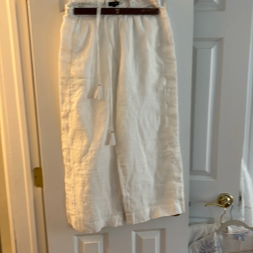 Women’s linen white pants wide leg elastic wasit with tassel tie